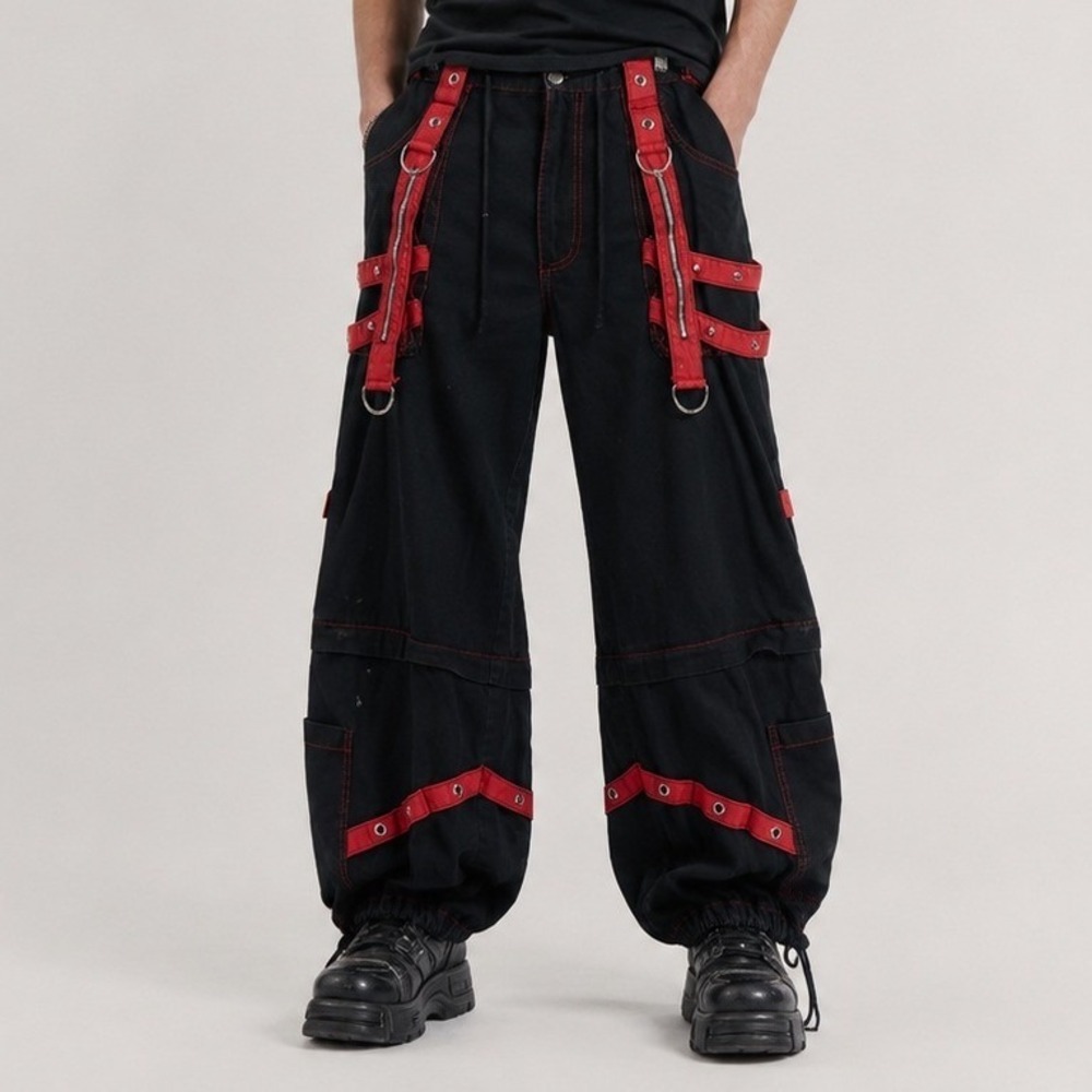 Tripp NYC Mens Black Red Gothic Industrial Strap Pants Wide Leg 31x29.5